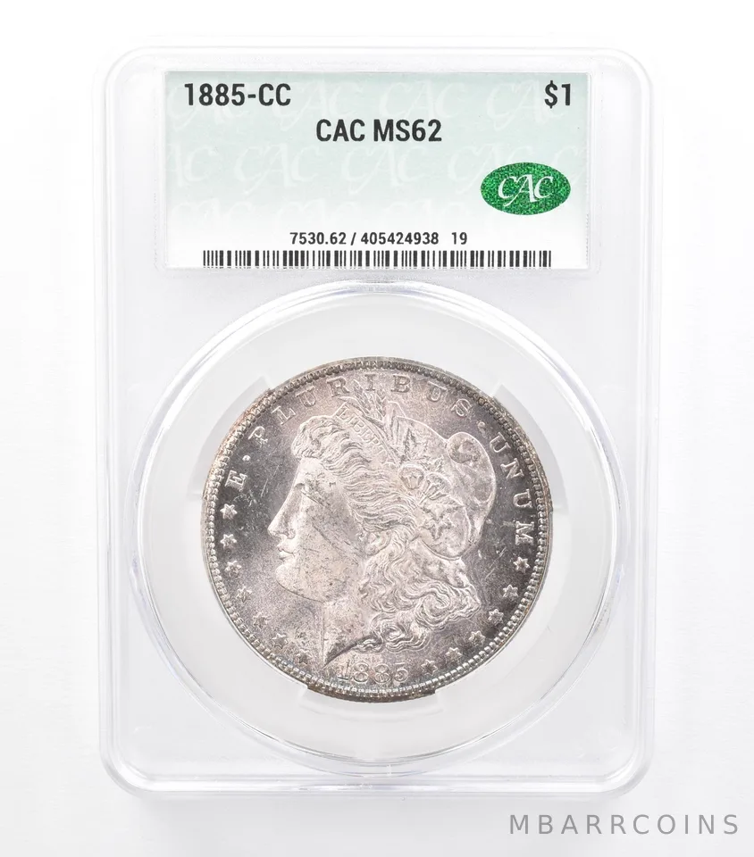 1885-CC Morgan Silver Dollar MS62 CAC CACg Beautiful Tone a0987