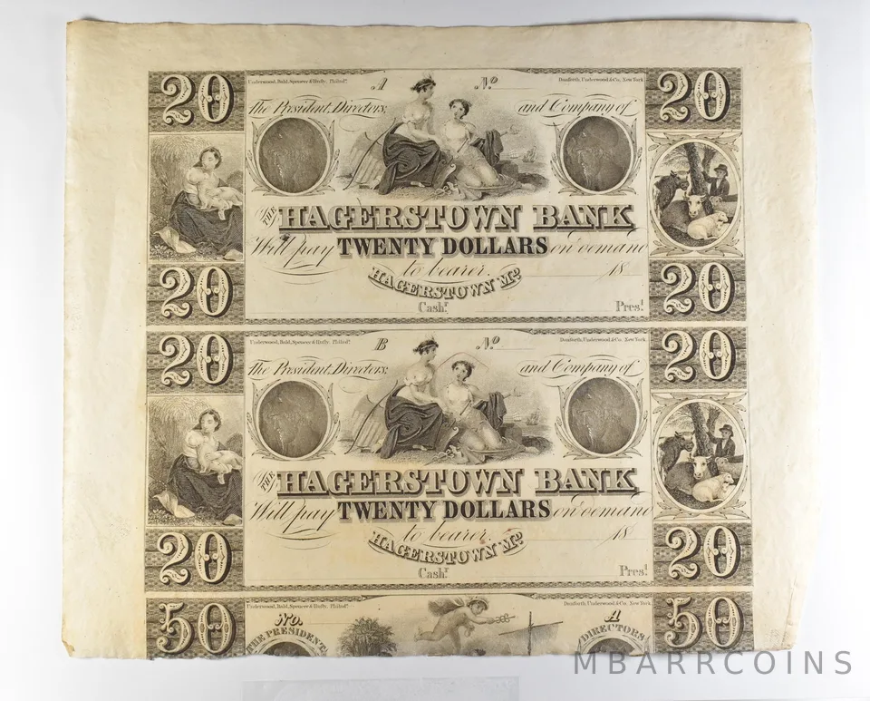 Lot (2) 1800s $20 Hagerstown MD Bank Obsolete Note Uncut *8689