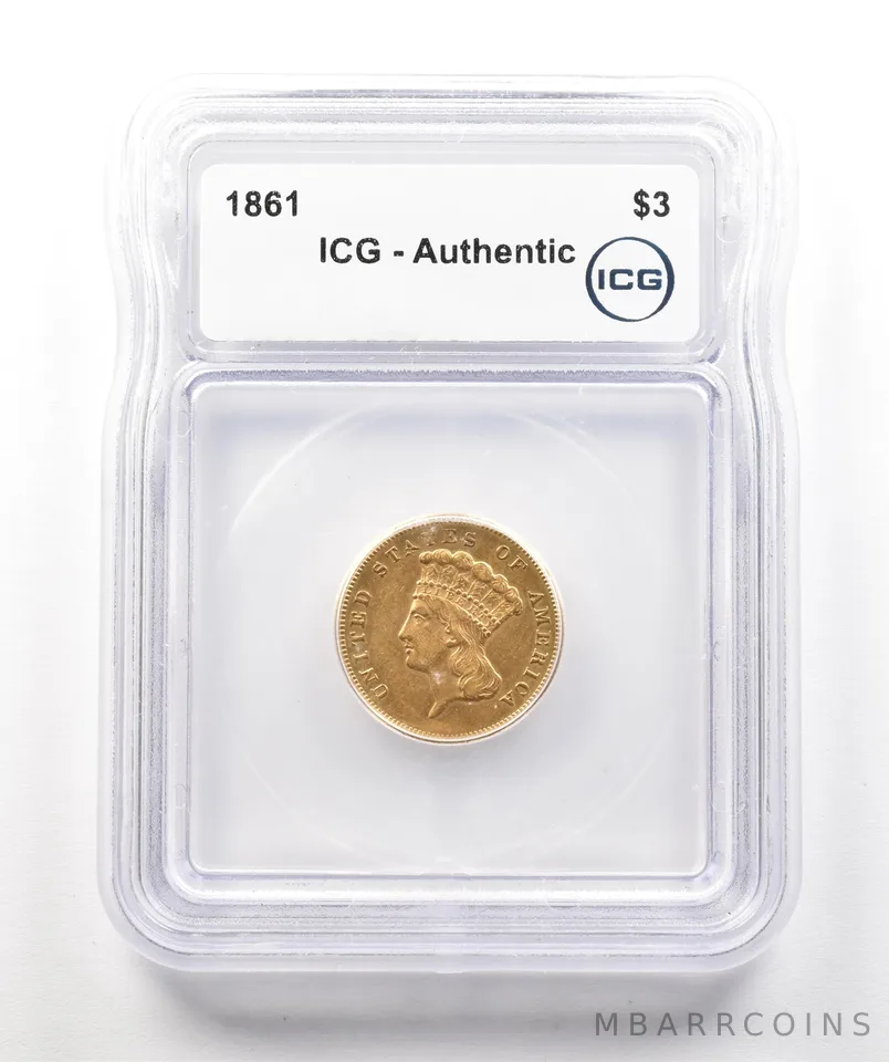 1861 $3 Indian Princess Head Gold Three Dollar Authentic ICG a4324