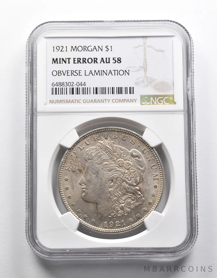 Mint Error AU58 1921 Morgan Silver Dollar OBV Lamination NGC *1972