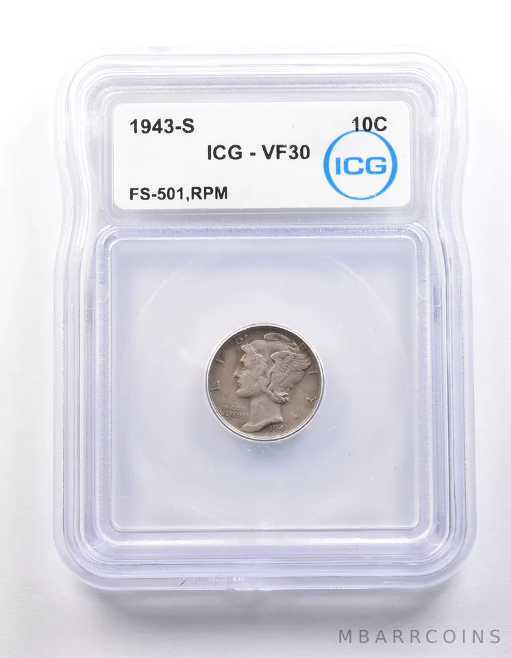 1943-S Mercury Dime FS-501 RPM VF30 ICG a9839