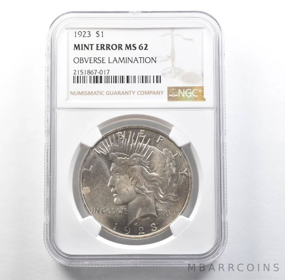 1923 Peace Silver Dollar Mint Error Obverse Lamination MS62 NGC *3137