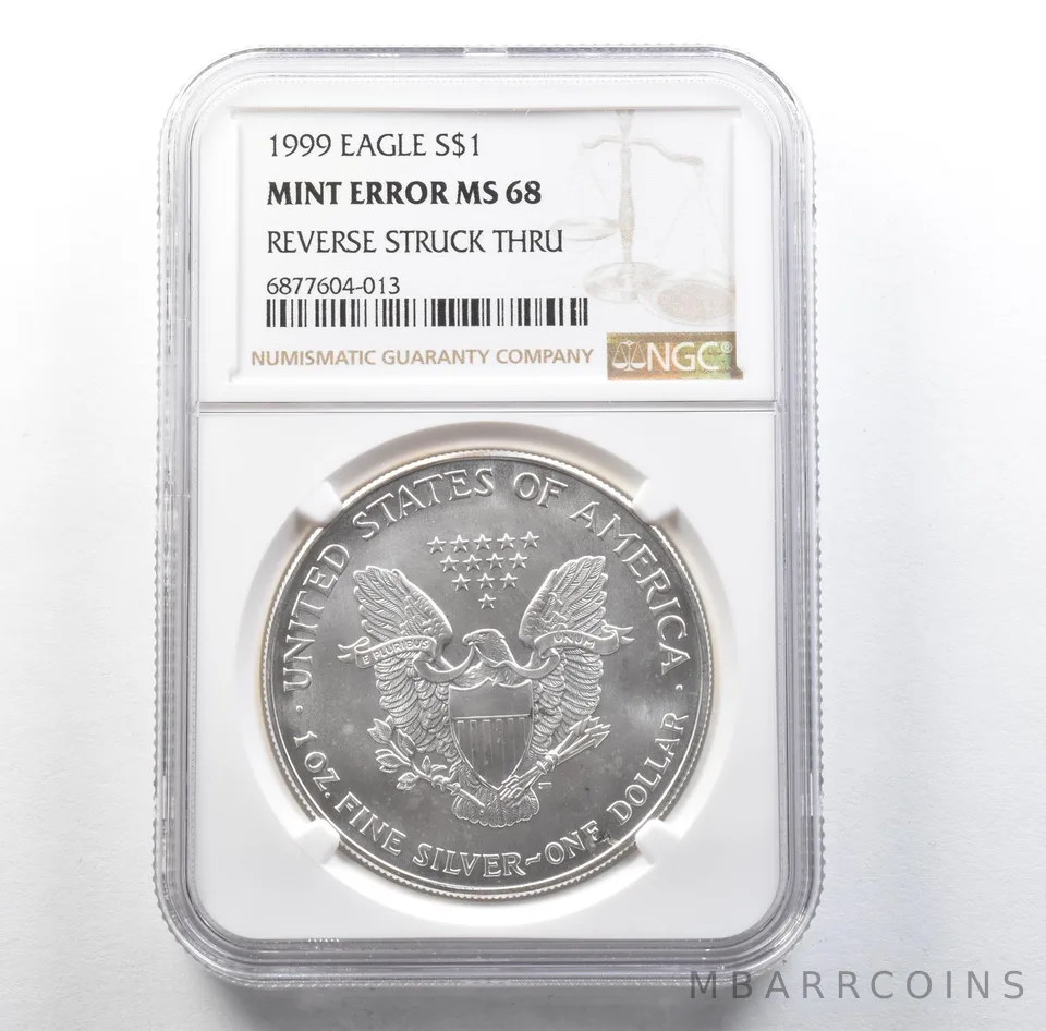 1999 American Silver Eagle Mint Error Reverse Struck Thru MS68 NGC *3128