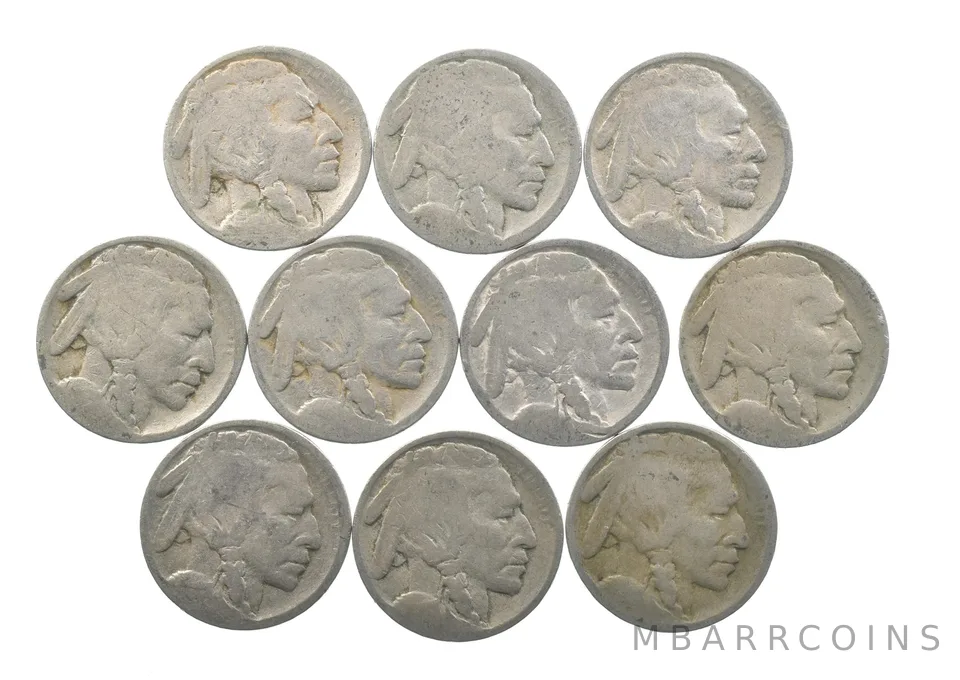 Lot 10 5c RAISED GROUND 1913 Buffalo Nickels First Year Issue! May be P/D/S *627