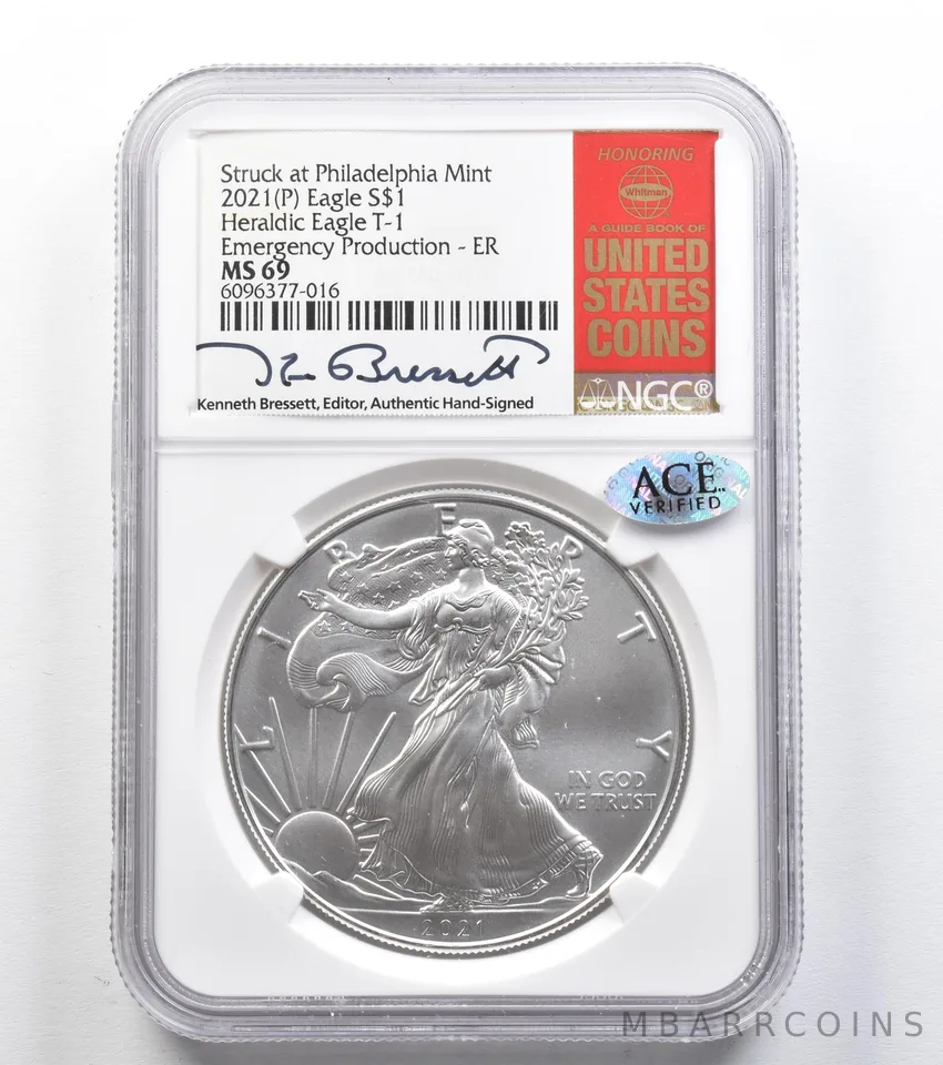 2021 (P) American Silver Eagle Type 1 Kenneth Bresset ER MS69 NGC Ace *9731