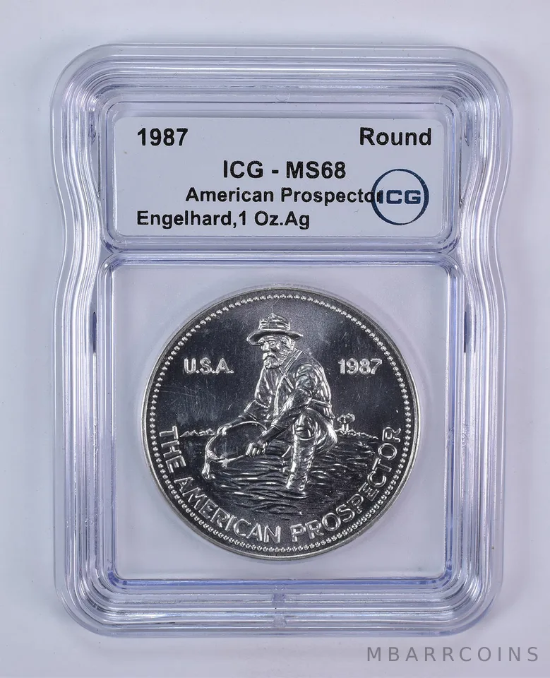 1987 Engelhard 1 Oz Silver American Prospector Eagle Reverse MS68 ICG