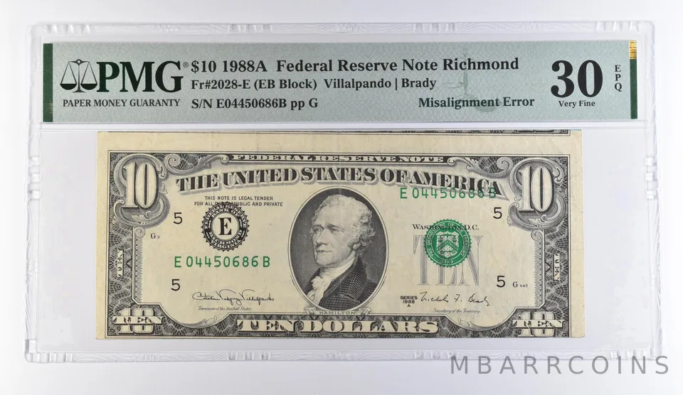 1988 A $10 Richmond VA FRN Misalign Error Fr#2028-E VF 30 EPQ PMG *9438