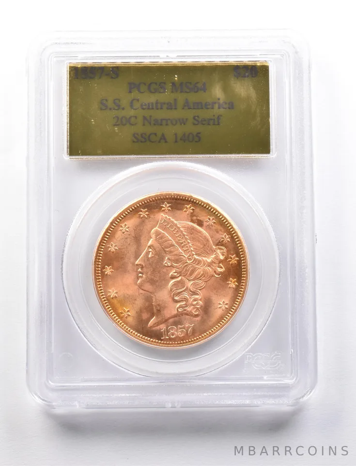 1857-S $20 Liberty Gold Double Eagle SS Central America Narrow MS64 PCGS a7764