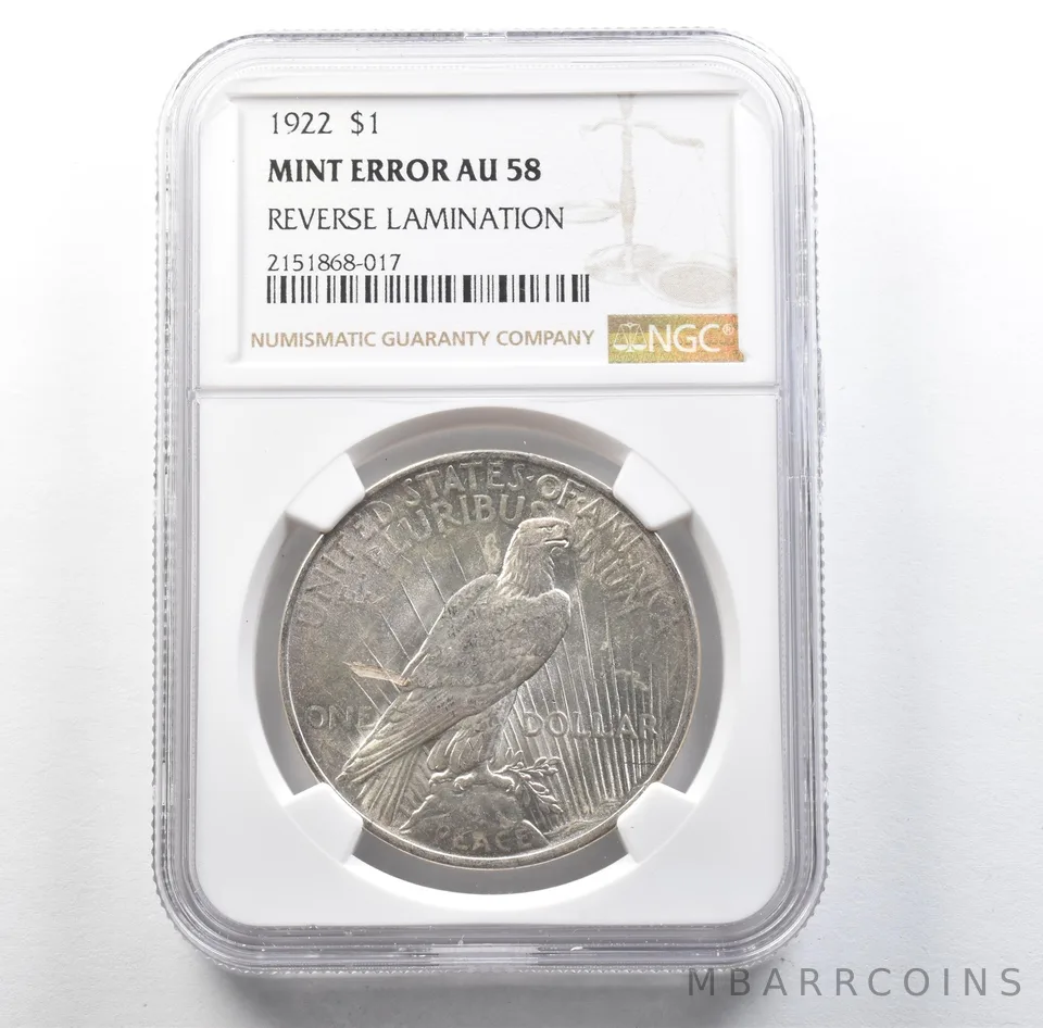 1922 Peace Silver Dollar Mint Error Reverse Lamination AU58 NGC *3135