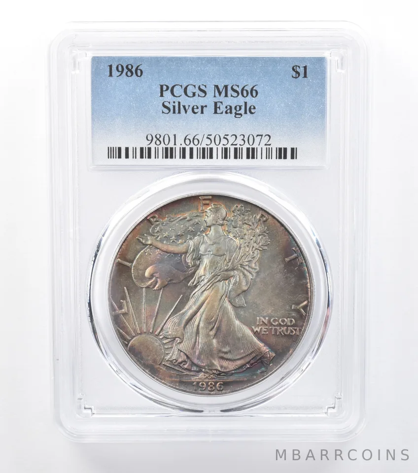 1986 American Silver Eagle MS66 PCGS Dark Blue/Purple Tone *7766