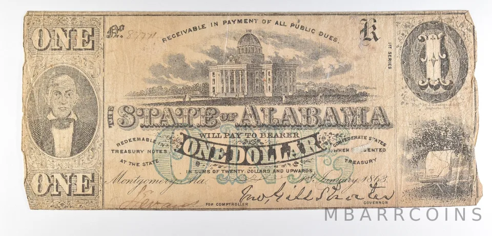 1863 $1 Alabama Obsolete Note *8628