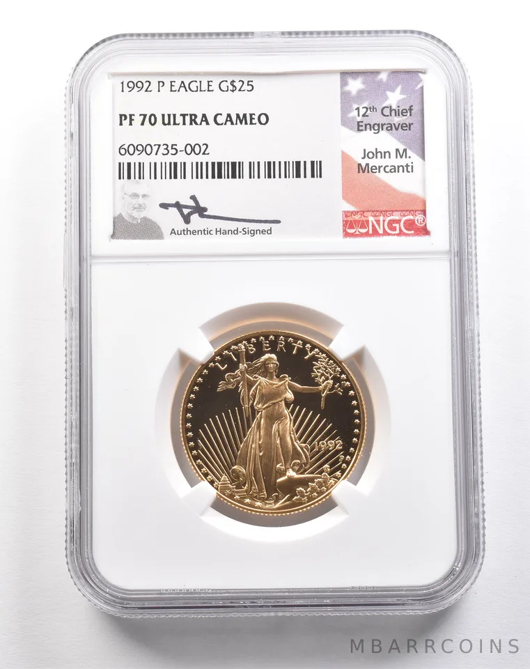 1992-P $25 American Gold Eagle Mercanti 1/2 Oz Gold PF70 UCAM NGC a5438