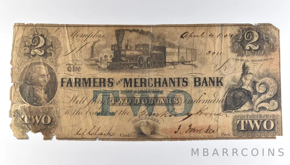 1854 $2 Tennessee Farmers & Merchants Bank Obsolete Note *8217
