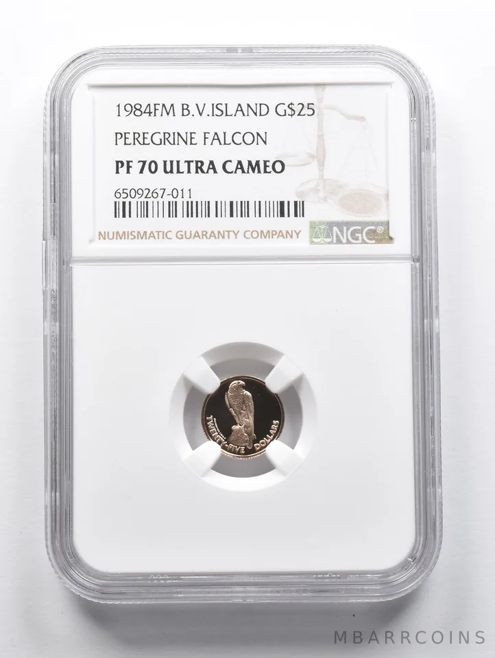 PF70 UCAM 1984 FM B.V. Island $25 Gold Peregrine Falcon NGC a1563