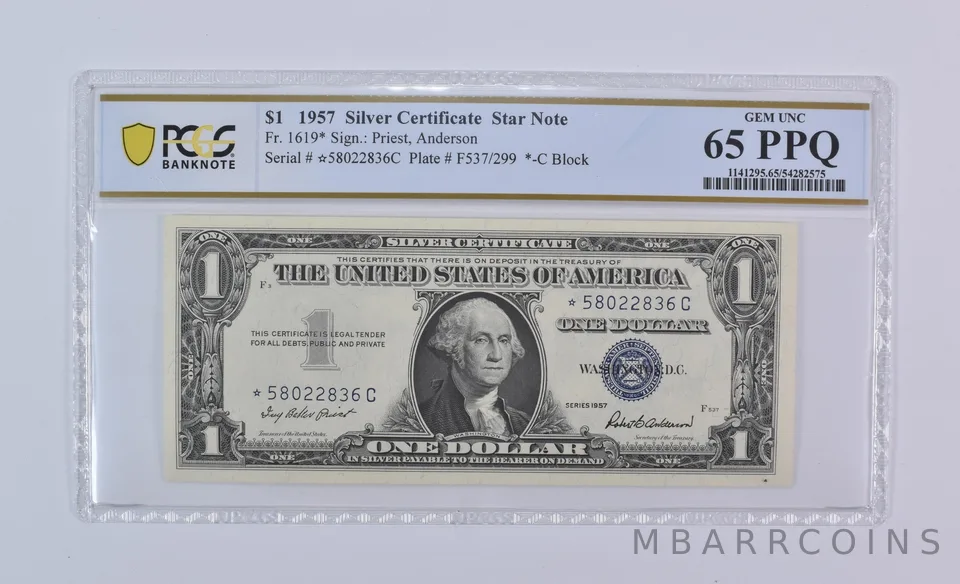 1957 $1 Silver Certificate Star Note Fr#1619* Gem Unc 65 PPQ PCGS *8076