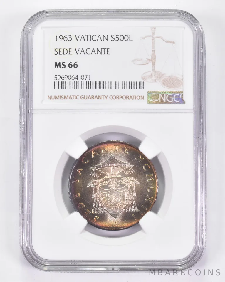 MS66 1963 Vatican 500 Lire Silver Sede Vacante Toned! NGC *8959