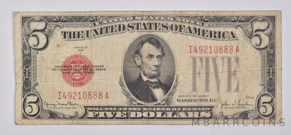 1928-F $5 Legal Tender Red Seal United States Note Avg Circ