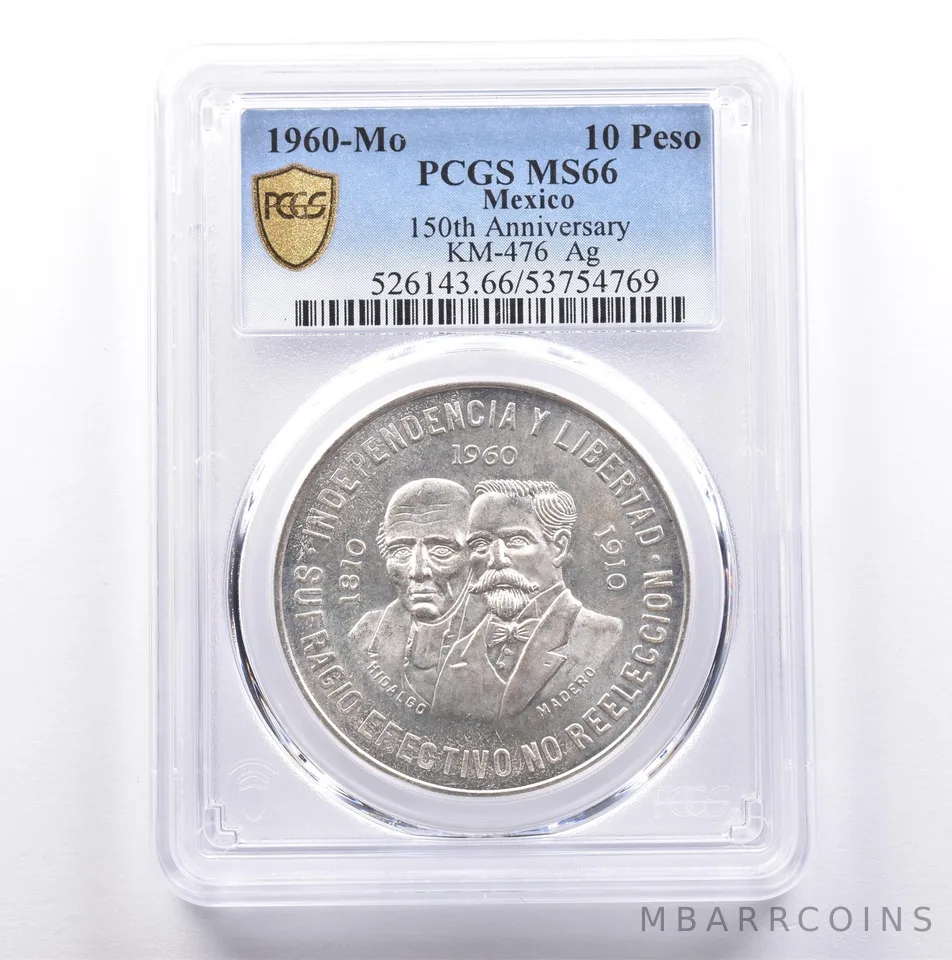 1960 Mo Mexico 10 Peso Silver Silver 150th Anniversary KM-476 MS66 PCGS *9058