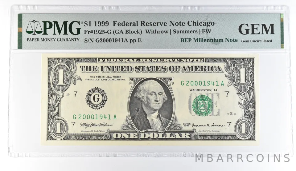 1999 $1 Chicago FRN Fr#1925-G BEP Millennium Note PMG Fancy Serial 1941 *8095