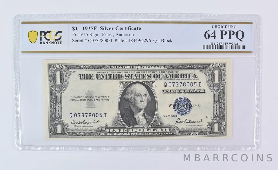 1935 F $1 Silver Certificate Fr#1615 Choice Unc 64 PPQ PCGS