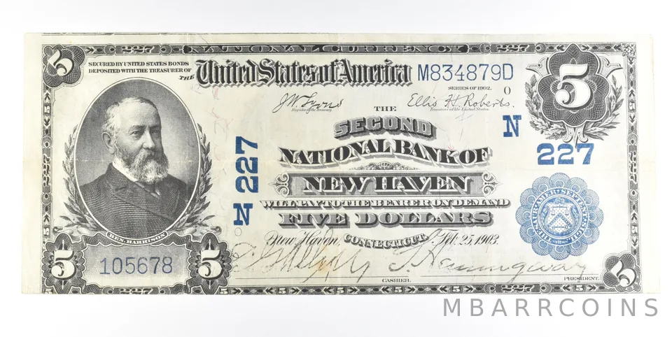 1902 $5 New Haven CT National Currency Note Large Note CH 227 a0217