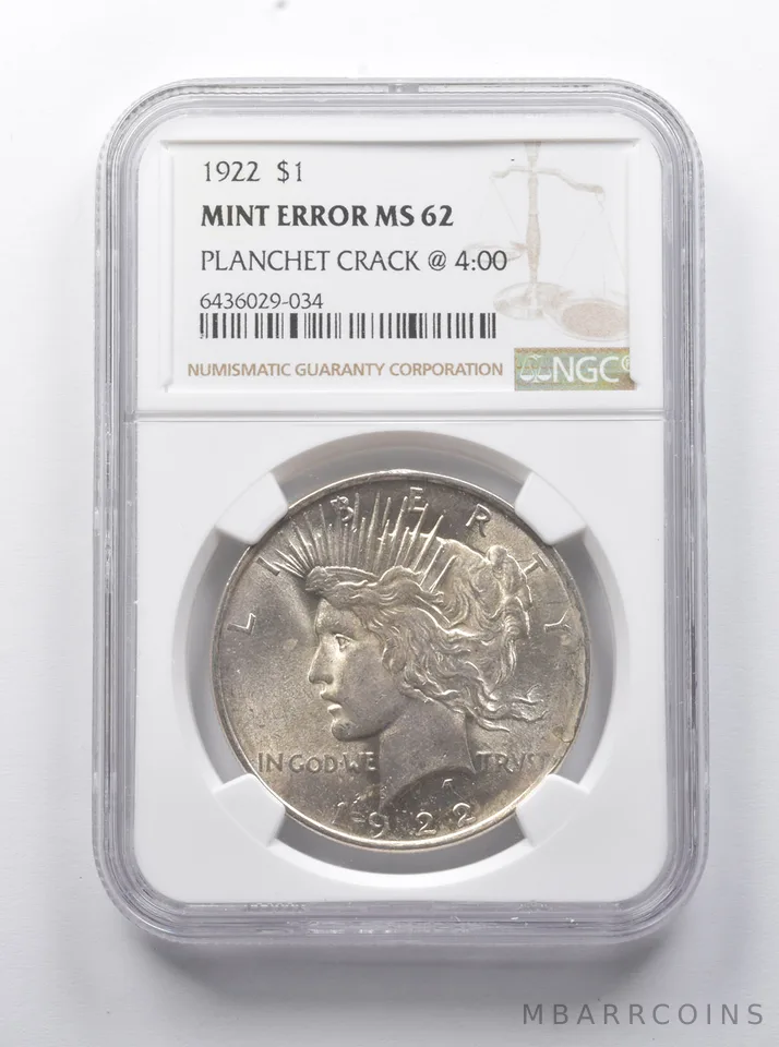 Error MS62 1922 Peace Silver Dollar Planchet Crack @ 4:00 NGC *7890