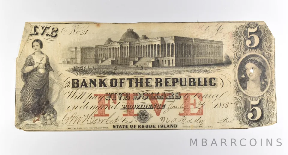 1855 $5 Providence RI Bank Of The Republic Obsolete Note *3782