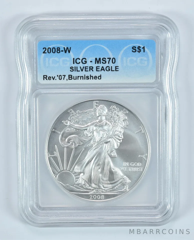 2008-W Reverse Of 2007 Burnished Silver Eagle MS70 ICG