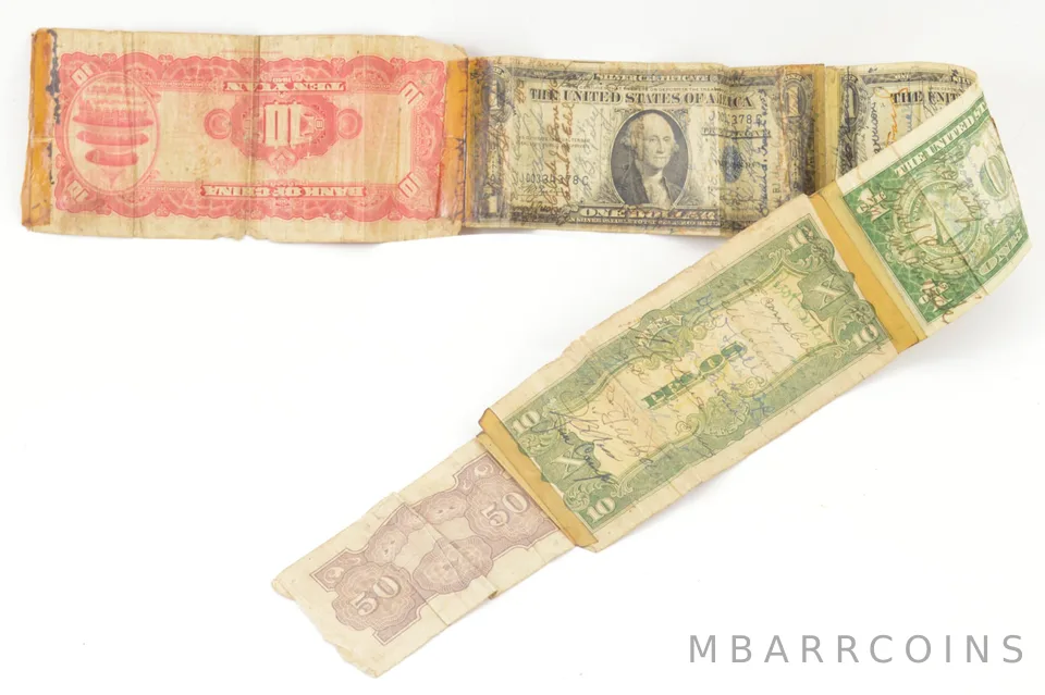 WWII Short Snorter - China, Japan, United States - 5 Total Notes *7404
