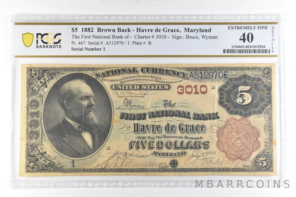 1882 $5 National Currency Havre de Grace MD Brown #3010 #1 Serial 40 PCGS *7405
