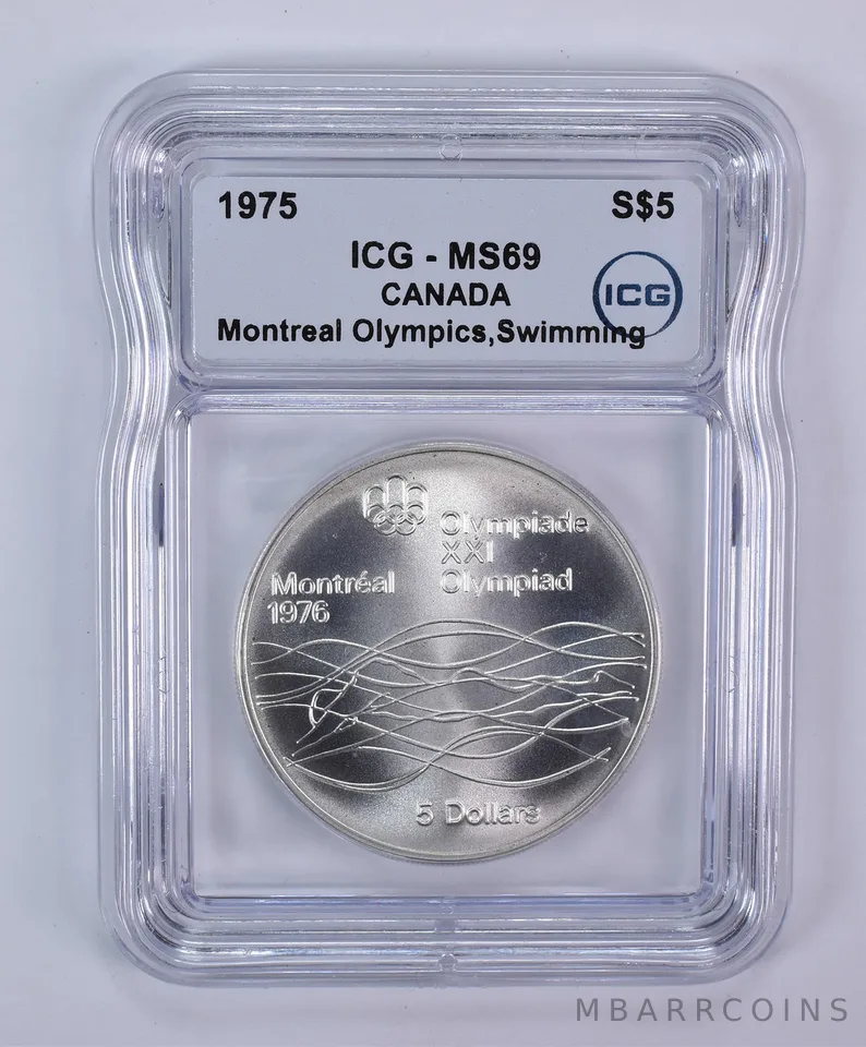 1975 Canada 5 Dollars Silver Montreal Olympics Swimming MS69 ICG