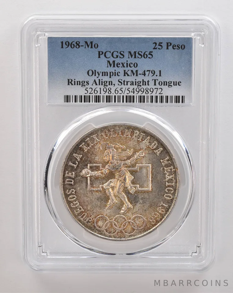 1968 Mo Mexico 25 Pesos Silver Olympic Rings Align MS65 PCGS Nice Tone *4338