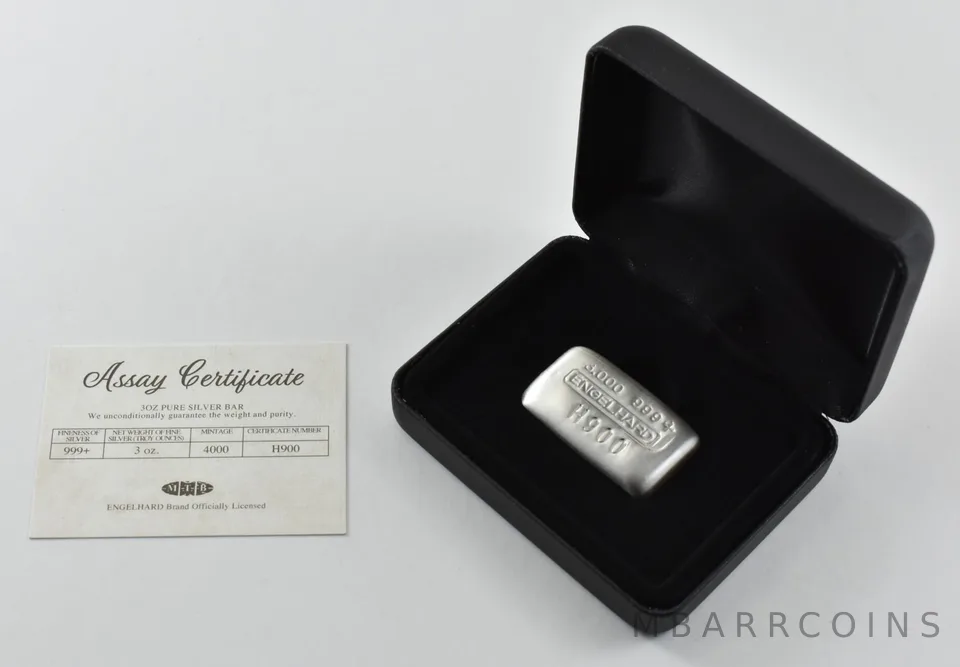 3 Oz Silver Bar Engelhard W/ Box & COA 900 Serial *5033