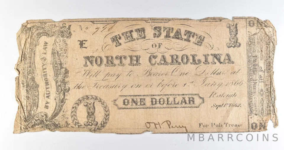 1862 $1 State Of North Carolina Obsolete Note *8377