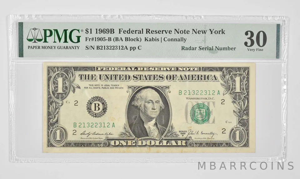 $1 1969-B New York NY FRN PMG VF30 Fr#1905B (BA Block) Radar Serial Number *0927