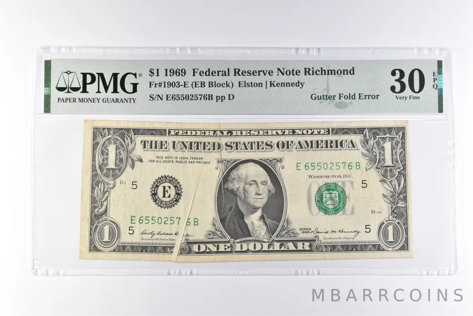 PMG 30 VF EPQ $1 1969 FRN Richmond Fr#1903-E Gutter Fold Error *3097