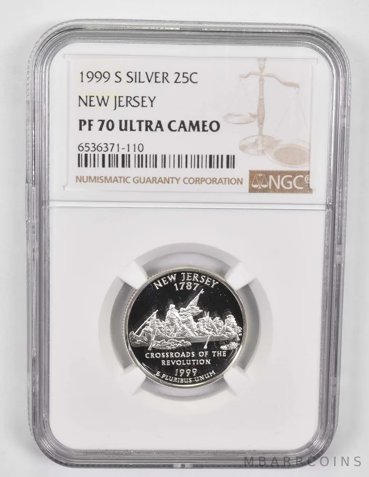 1999-S PF70 UCAM Silver New Jersey Quarter NGC Brown Lbl
