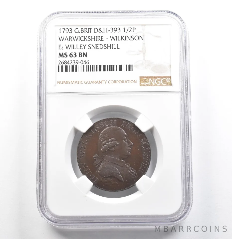1793 G. Britain Warwickshire Wilkinson Half Penny D&H-393 MS63 BN NGC *6857
