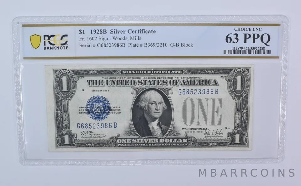1928 B $1 Silver Certificate Fr#1602 Blue Seal Choice Unc 63 PPQ PCGS *8111