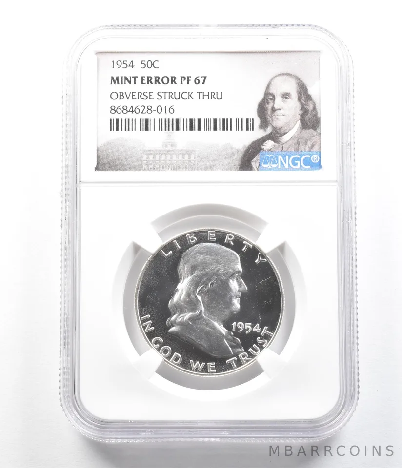 1954 Franklin Half Dollar Mint Error Obverse Struck Thru PF67 NGC *5104