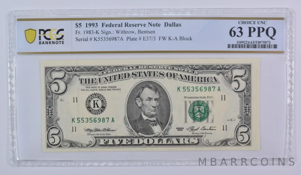 1993 $5 Dallas TX FRN Fr#1983-K Choice Unc 63 PPQ PCGS