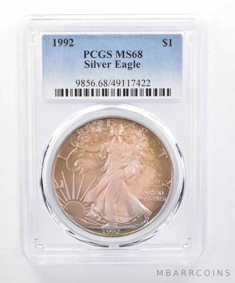 1992 American Silver Eagle MS68 PCGS Iridescent Tone *8481
