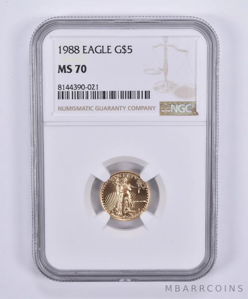 1988 $5 American Gold Eagle 1/10 oz Gold MS70 NGC Brown Label