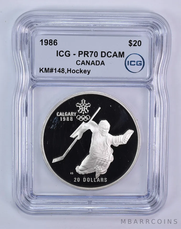 1986 Canada 20 Dollars Calgary Olympics Hockey PR70 DCAM ICG