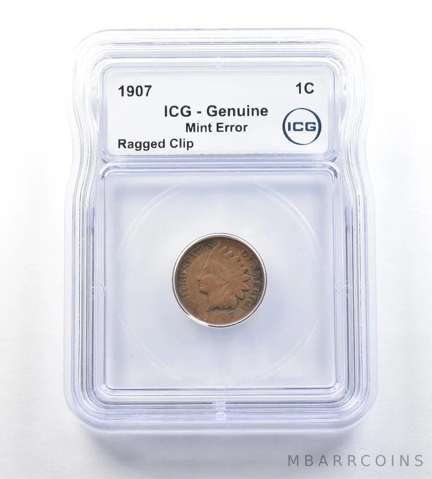 1907 Indian Head Cent Mint Error Ragged Clip Genuine ICG *0658