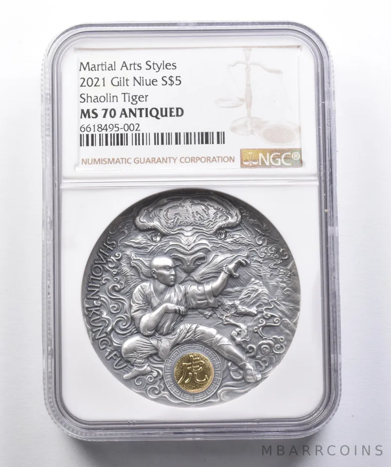 MS70 Antiqued 2021 Gilt Niue Silver 5 Dollars Shaolin Tiger NGC *4247