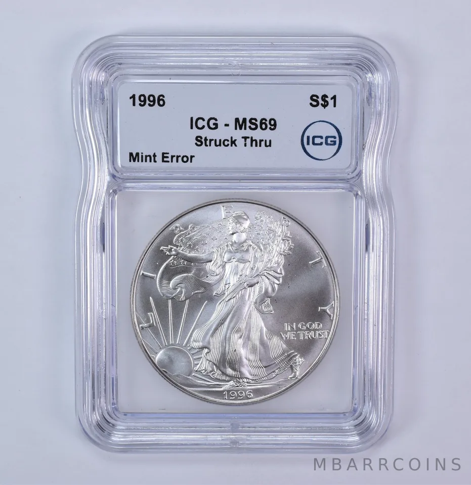 1996 American Silver Eagle Mint Error Struck Thru MS69 ICG