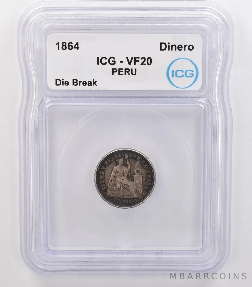 1864 Peru Dinero Die Break VF20 ICG Beautiful Tone a0706