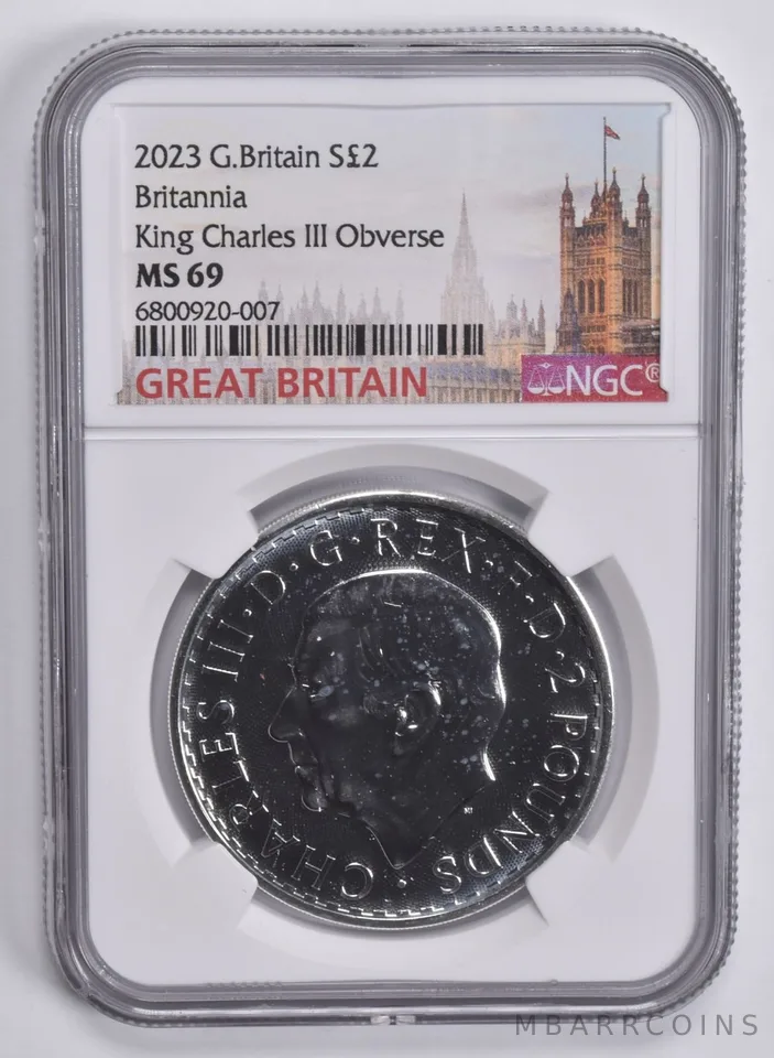 2023 Great Britain 2 Pounds Britannia King Charles 1 Oz Silver MS69 NGC
