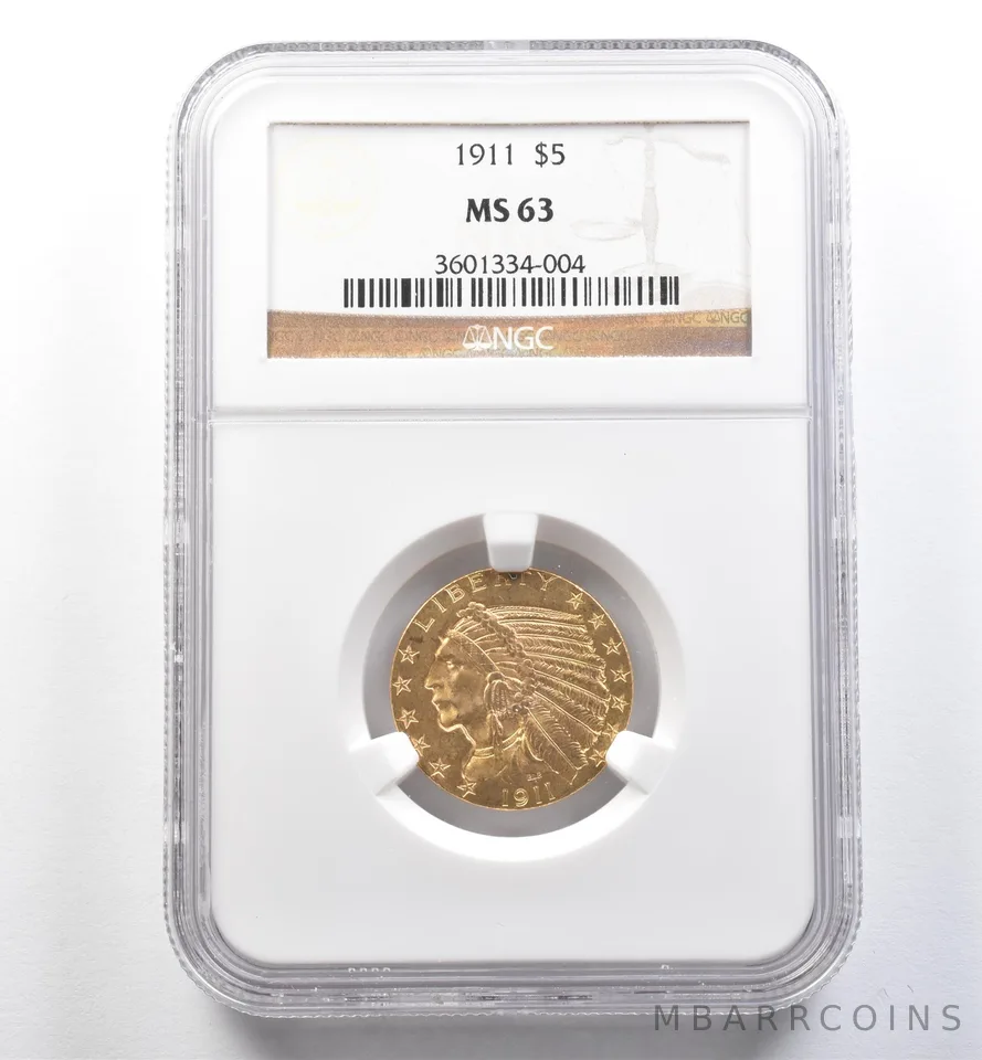 1911 $5 Indian Head Gold Half Eagle MS63 NGC a8190